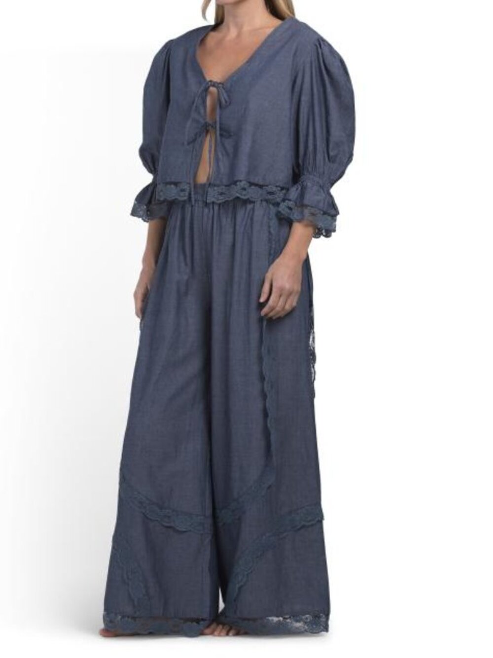 SAATVIK 2pc Chambray Puff Sleeve Boho Lounge Set